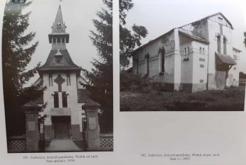 Ліворуч - вигляд костелу у 1939 році. Праворуч - вигляд костелу у 2002 році.