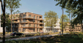 Візуалізація дороги та велодоріжки з тротуаром, де ходять мешканці. Позаду комплекс п’ятиповерхових житлових будинків в районі Під Голоско.