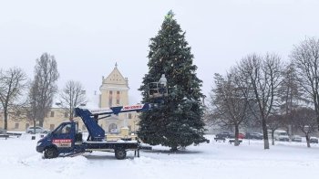 У Жовкві встановили новорічну ялинку, замість ілюмінації, прикрасили жовто-блакитними стрічками