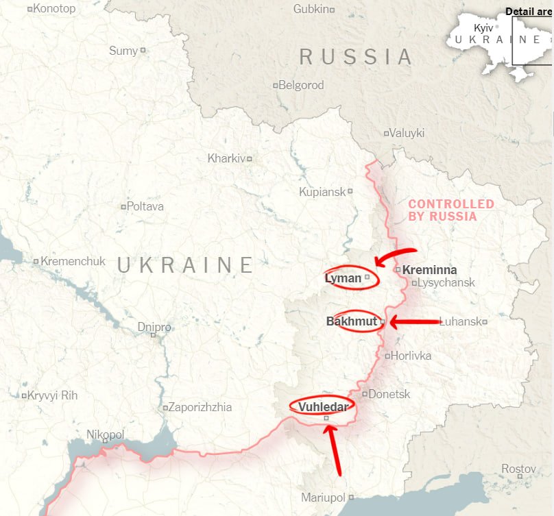 Напрямки можливого наступу росіян на сході України. Візуалізація New-York Times