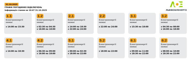 На Львівщині 31 жовтня діятимуть графіки відключень світла – 01