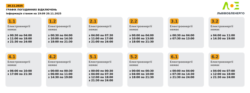 У Львові та області 20 листопада вимикатимуть світло: актуальний графік відключень – 01