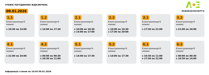 Відключення світла на Львівщині 9 січня: актуальні графіки – 01