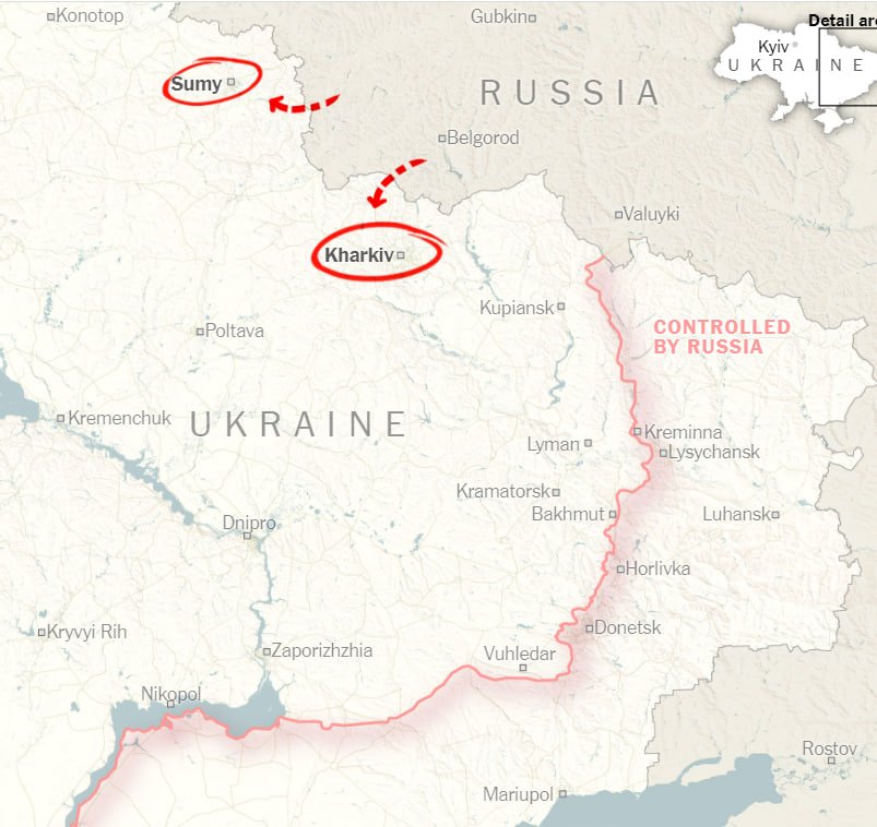 Напрямки можливого удару на Харків та Суми. Візуалізація New-York Times