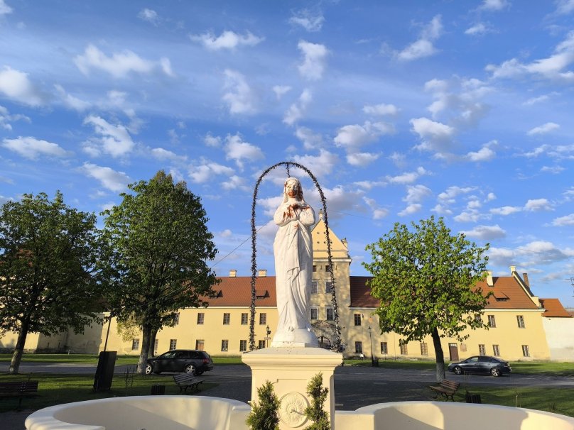 Забруднена скульптура Божої Матері у центрі Жовкви