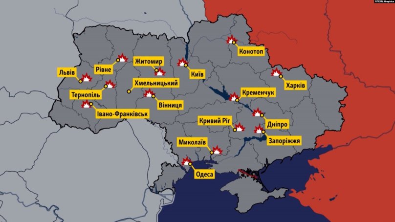 Мапа ракетних ударів атак росії 10 жовтня 2022 року. Фото: «Радіо «Свобода»