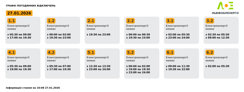 На Львівщині 27 січня діятимуть графіки відключень: скільки не буде світла – 01