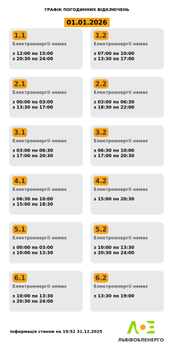 Яким групам вимикатимуть світло 1 січня: графіки на Львівщині – 01