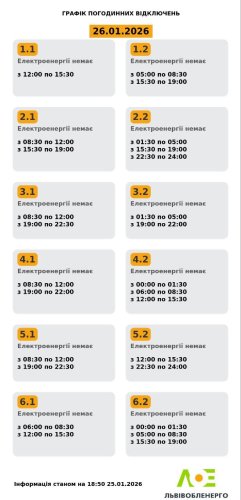 Світло вимикатимуть до трьох разів на день: графіки відключень на Львівщині 26 січня – 01