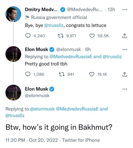 «Як справи у Бахмуті?»: Ілон Маск у Twitter потролив експрезидента рф мєдвєдєва – 01