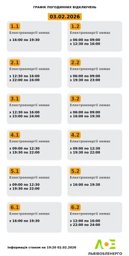 Відключення світла на Львівщині: актуальний графік на 3 лютого – 01
