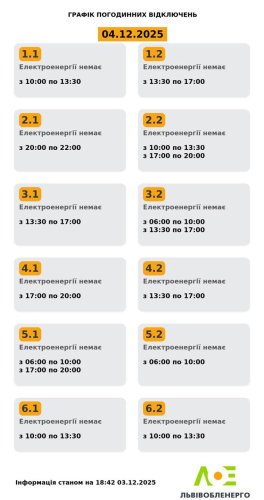 Графіки відключень на Львівщині 4 грудня: світла не буде до восьми годин – 01