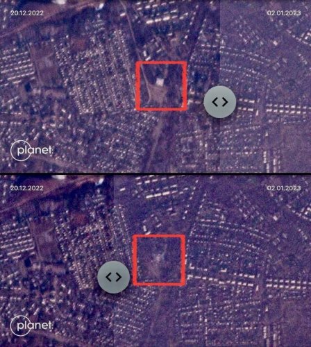 Знімки із супутника компанії Planet Labs ПТУ №19 у Макіївці «до» та «після» обстрілу 