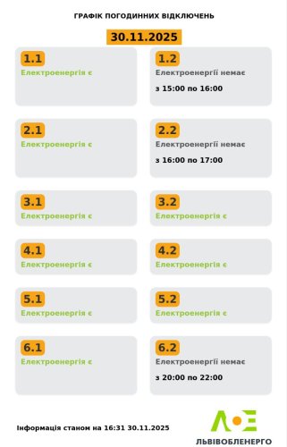 На Львівщині 30 листопада застосовуватимуть графіки відключень світла – 01