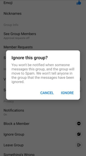 Опція ігнорування повідомлень у Messenger