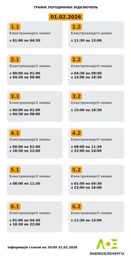 До 7 годин без світла: на Львівщині 1 лютого діятимуть графіки вимкнення електроенергії – 01